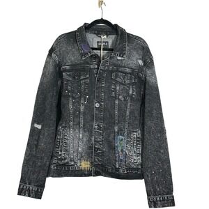 STAPLE Men's Distressed Dark Stone Wash Denim Jacket XL‎ Paint Splatter Patches